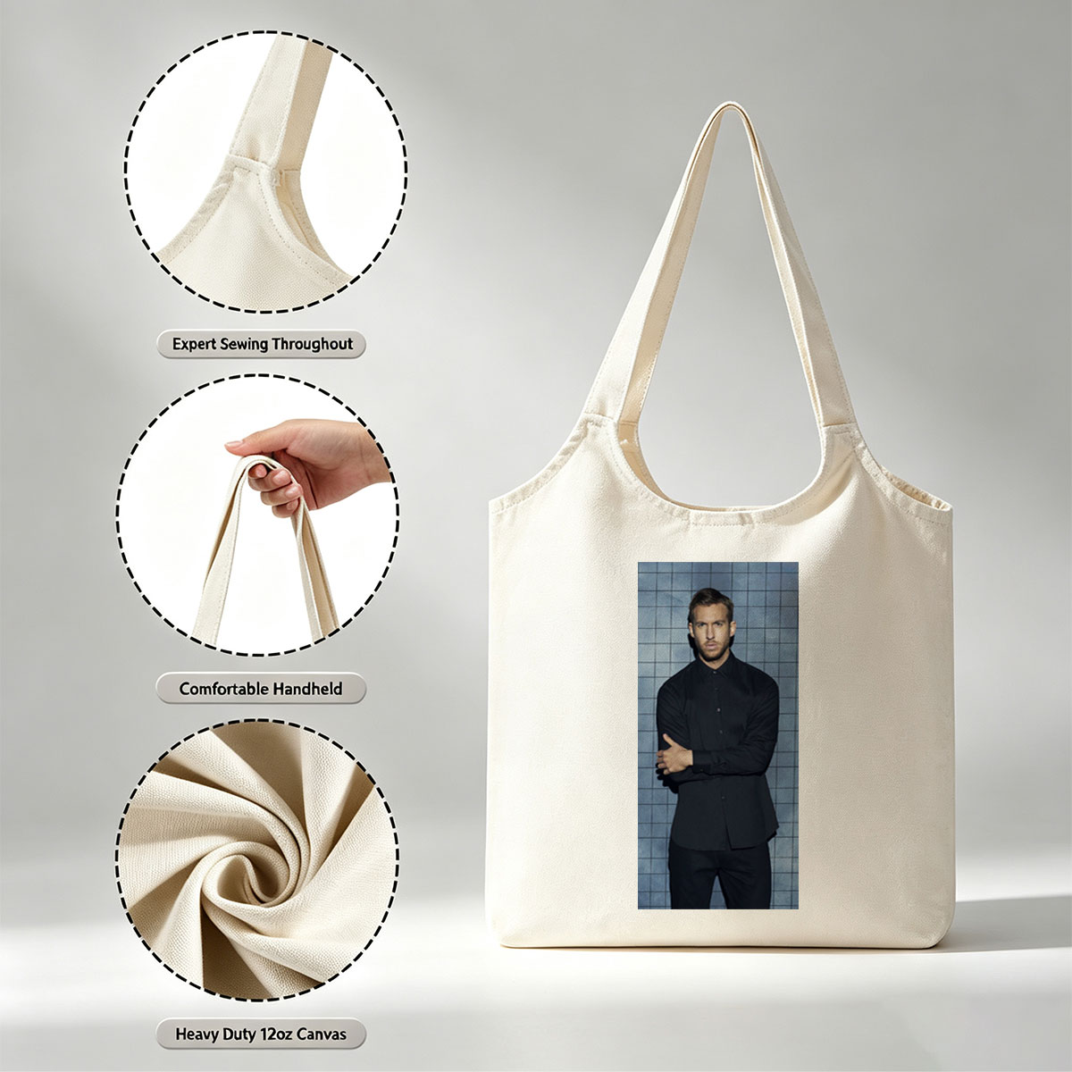 Calvin Harris in a Black Shirt and Pants Standing Against a Blue Tiled Wall with Arms Crossed - Canvas shoulder bags/