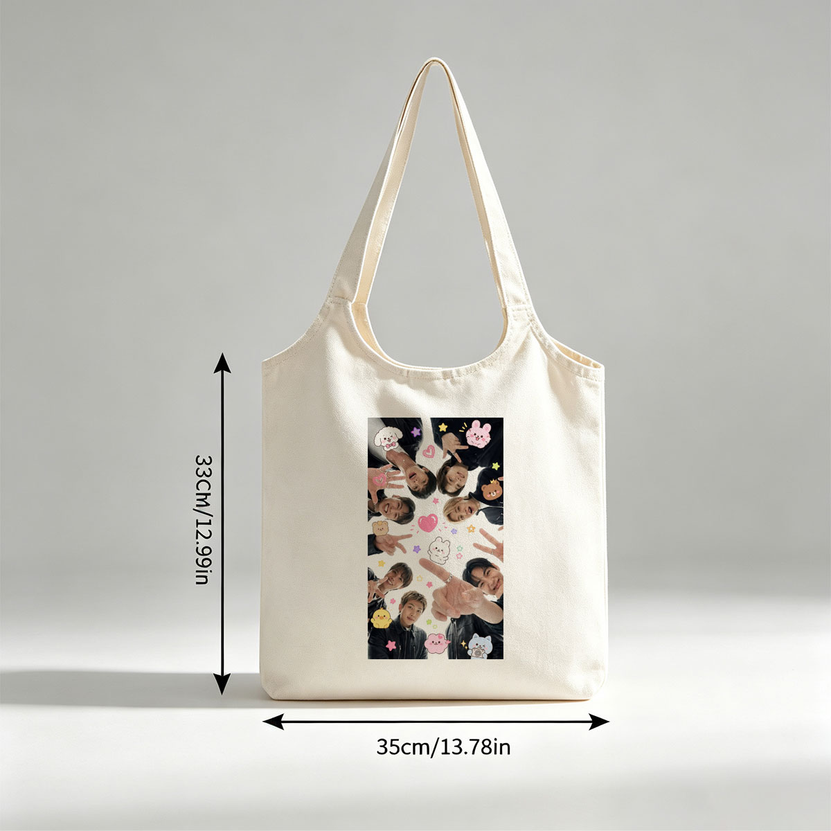 BTS Members in a Circle with Cute Stickers and Peace Signs - Canvas shoulder bags/