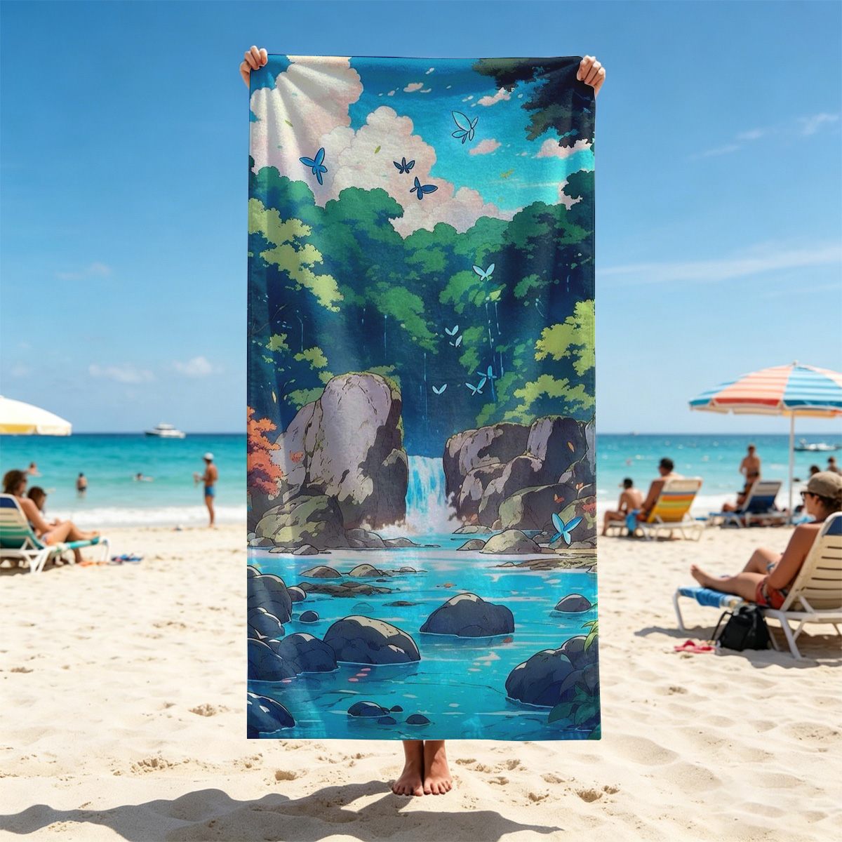 Serene Forest Stream with Waterfall and Butterflies - Beach towels