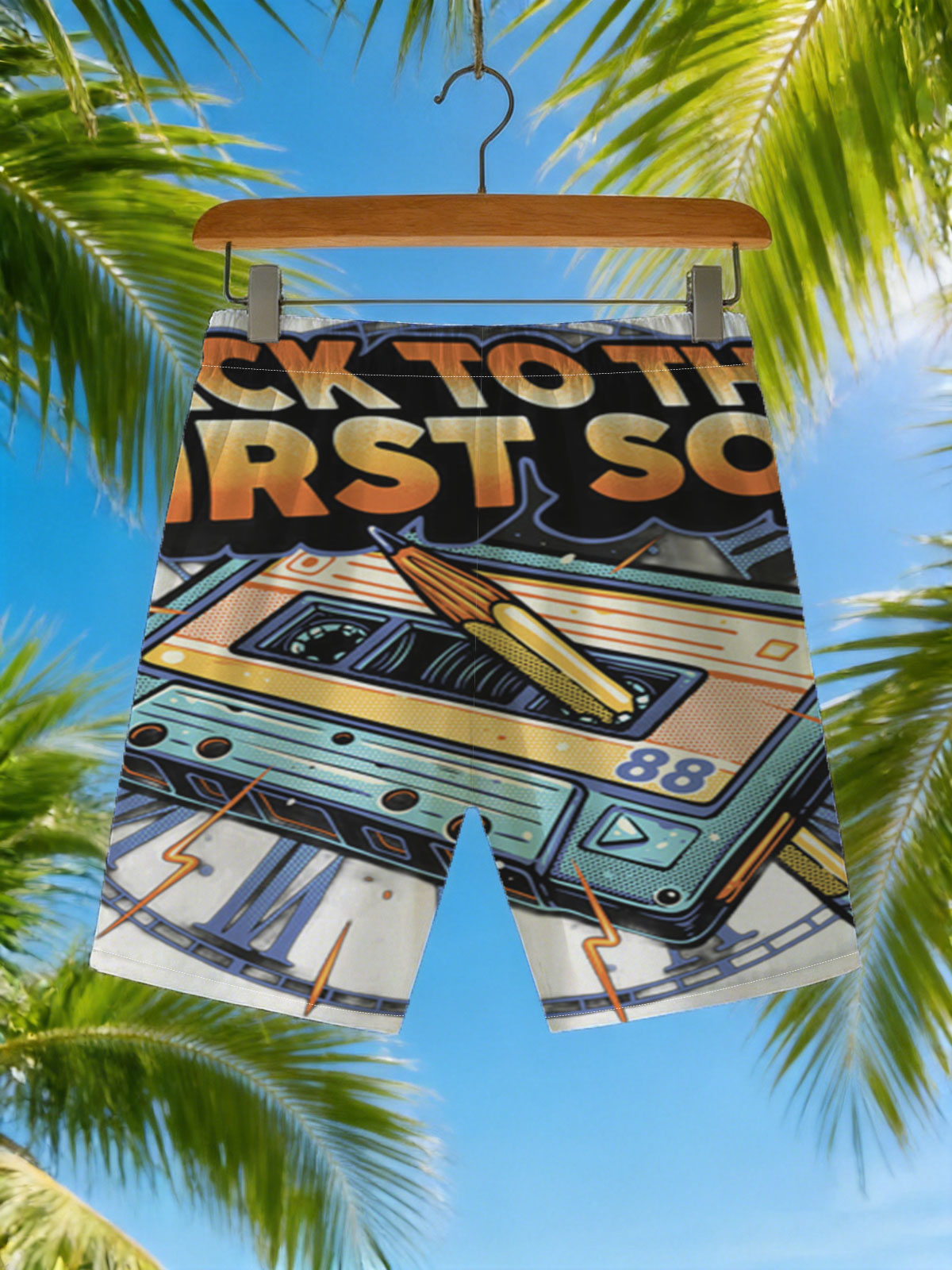 Back to the First Song: Cassette Tape with Pen and Clock Design -  Beach shorts