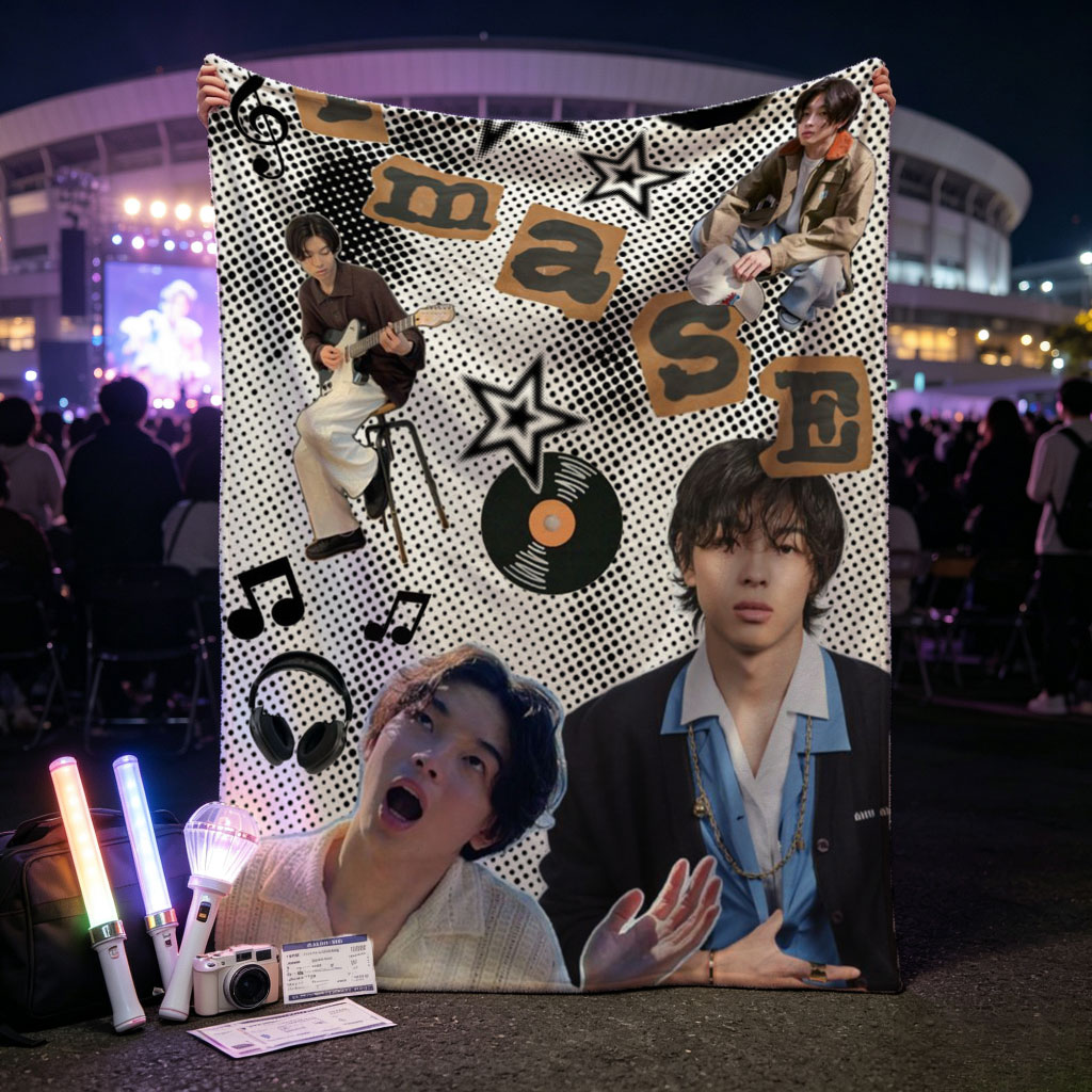 Imase Band Members in Music-Themed Collage with Guitar, Piano Keys, and Vinyl Records - Blankets