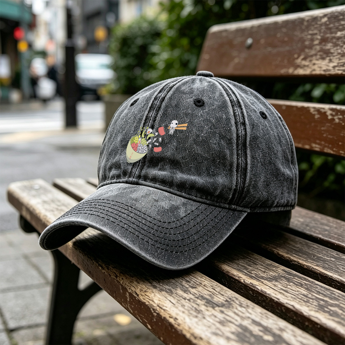 Kawaii Food Bowl with Kodama Characters - Washed Denim - Baseball Cap