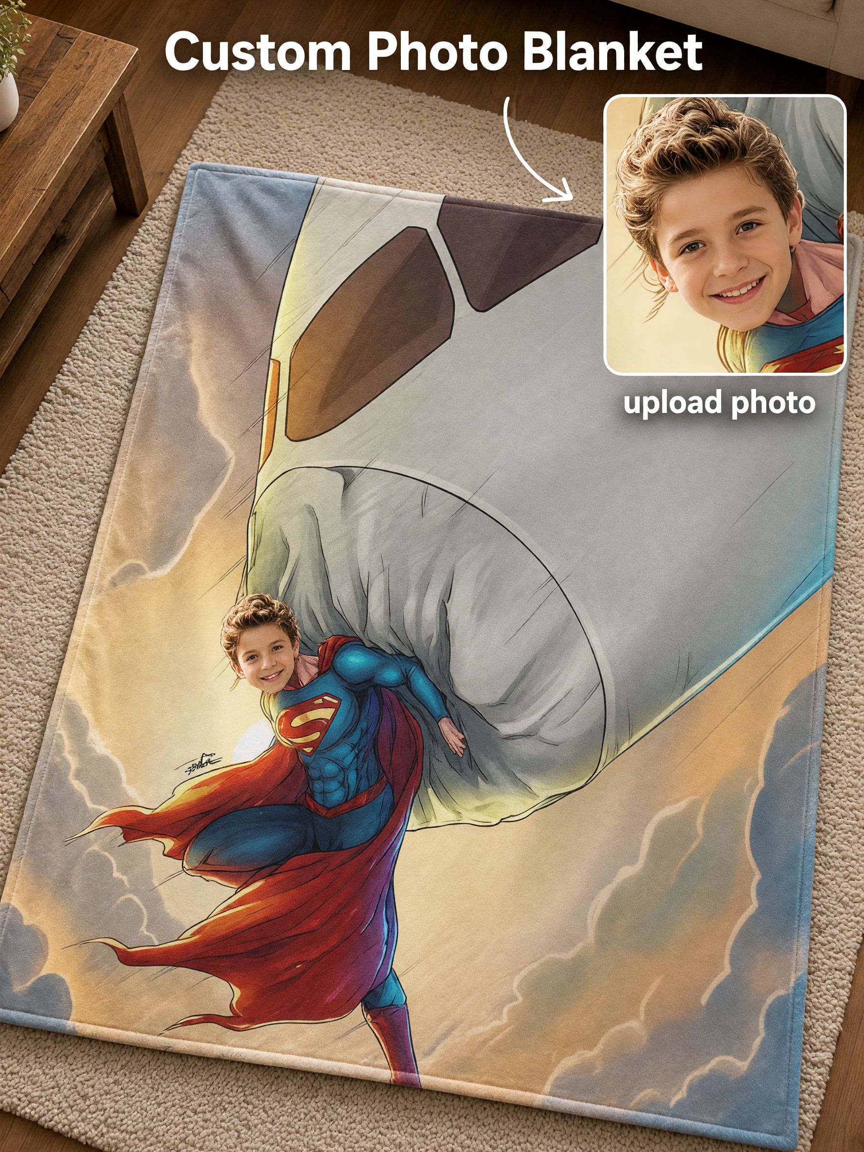 Personalized Photo Superhero Flannel Fleece Blanket, Custom Face Cozy Warm Throw for Kids, Ideal Personalized Gift