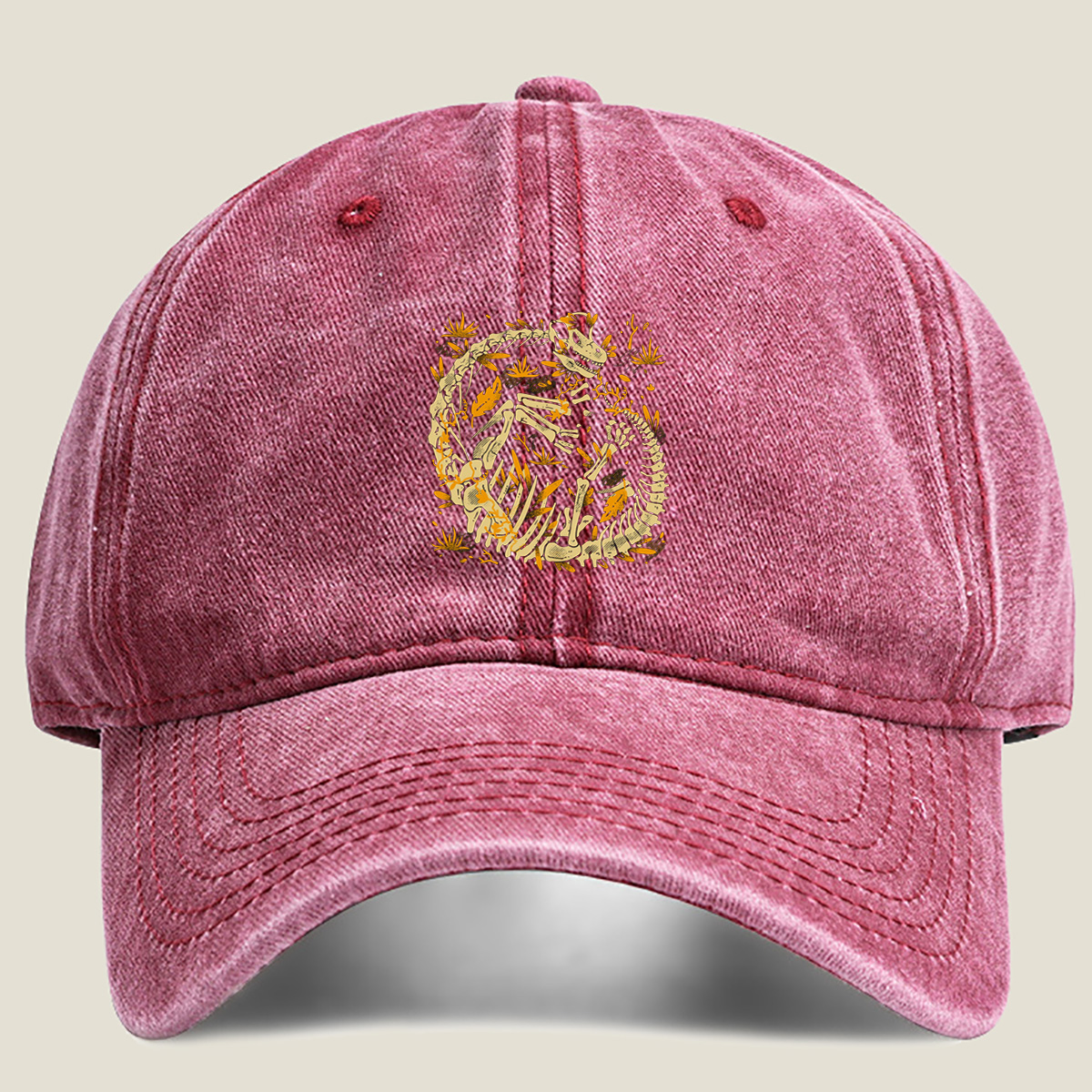 Dinosaur Skeleton in Circular Pose with Foliage - Washed Denim - Baseball Cap