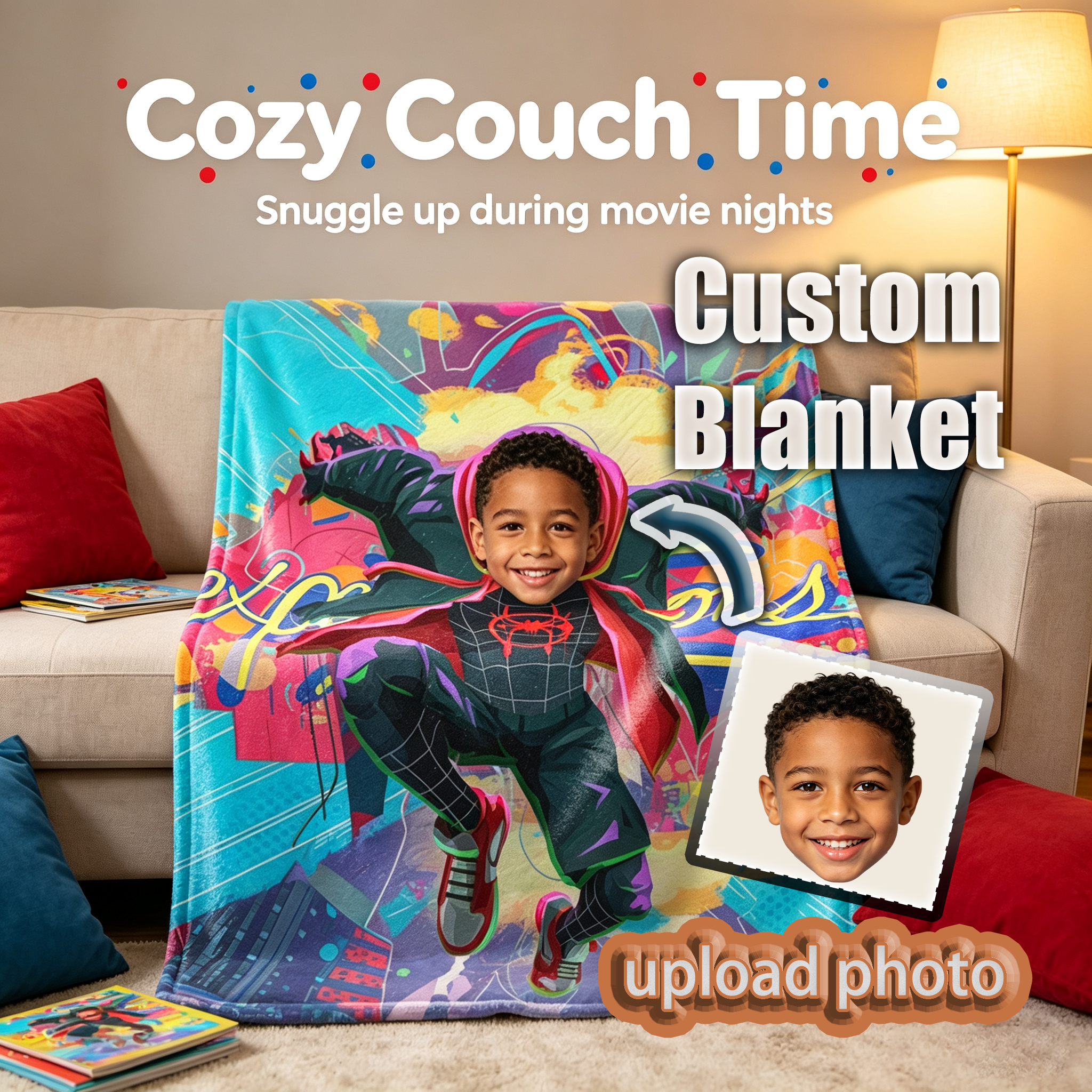 Custom Spider‑Verse Miles Morales Kids Photo Blanket, Personalized Superhero Throw Blanket Upload Child Photo, Birthday Gift for Boys