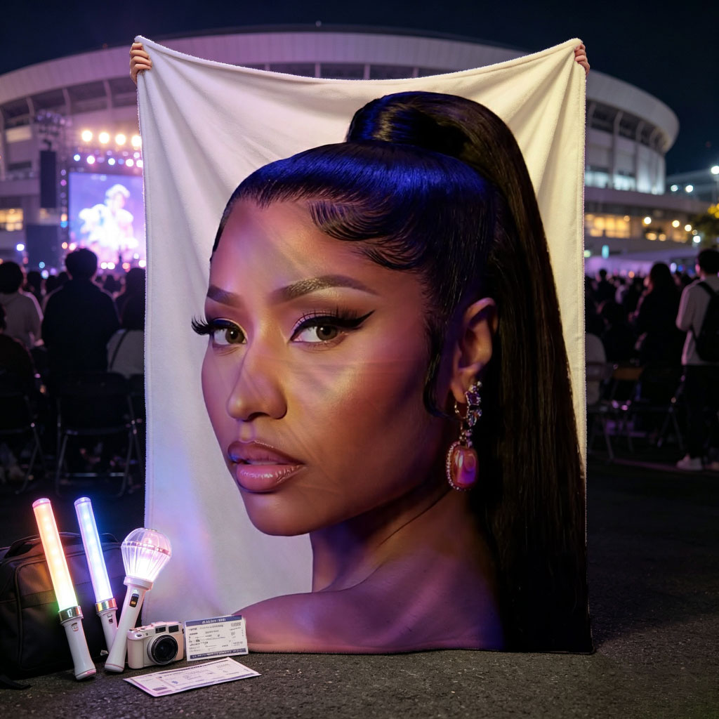 Nicki Minaj in a Stunning Portrait with Bold Makeup and High Ponytail Under Purple Lighting - Blankets