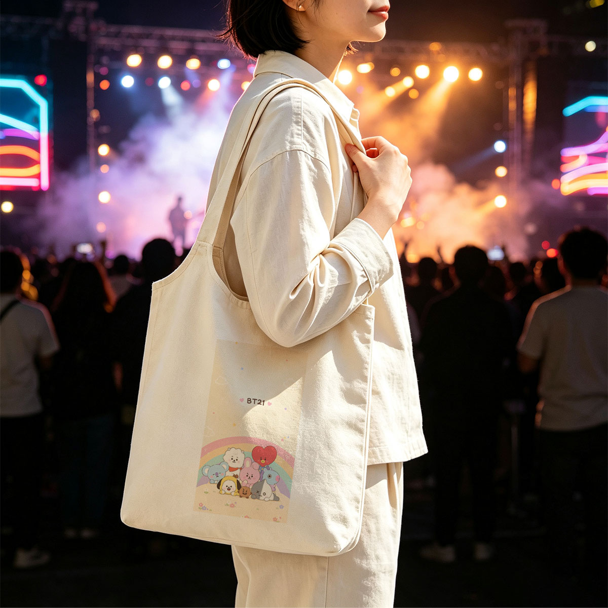BT21 Characters Gathering Under a Rainbow in a Cute Pastel Scene - Canvas shoulder bags/