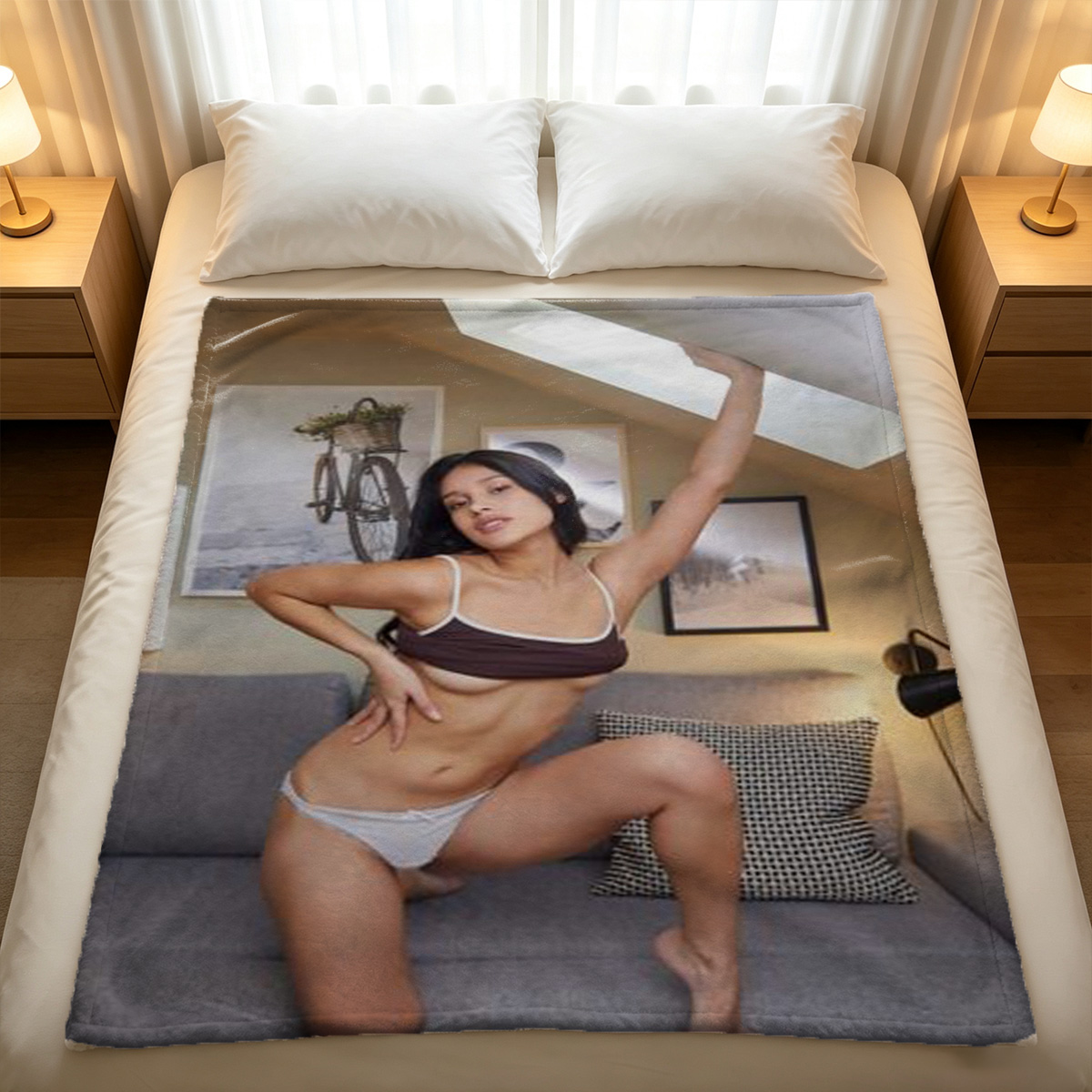 Blonde woman in white lingerie posing on a blue chair. - Blanket