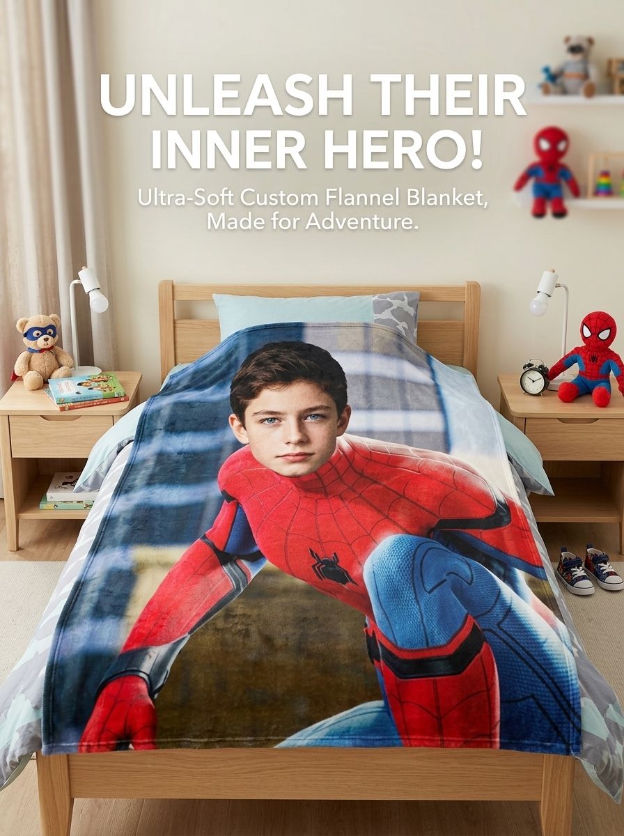 Custom Face Photo Superhero Throw Blanket, Ultra Soft Velvet Flannel Fleece Bed Cover, Ideal Personalized Gift for Kids