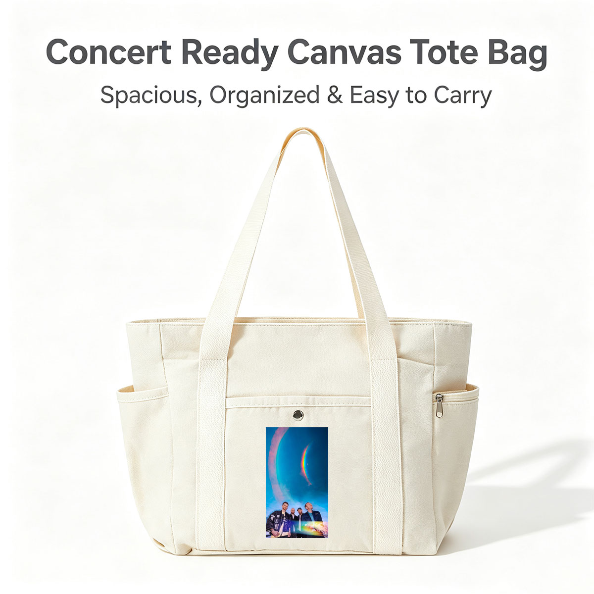 Coldplay in a Cosmic Scene with Rainbow Halo and Starry Sky Background - Multi-pocket bags