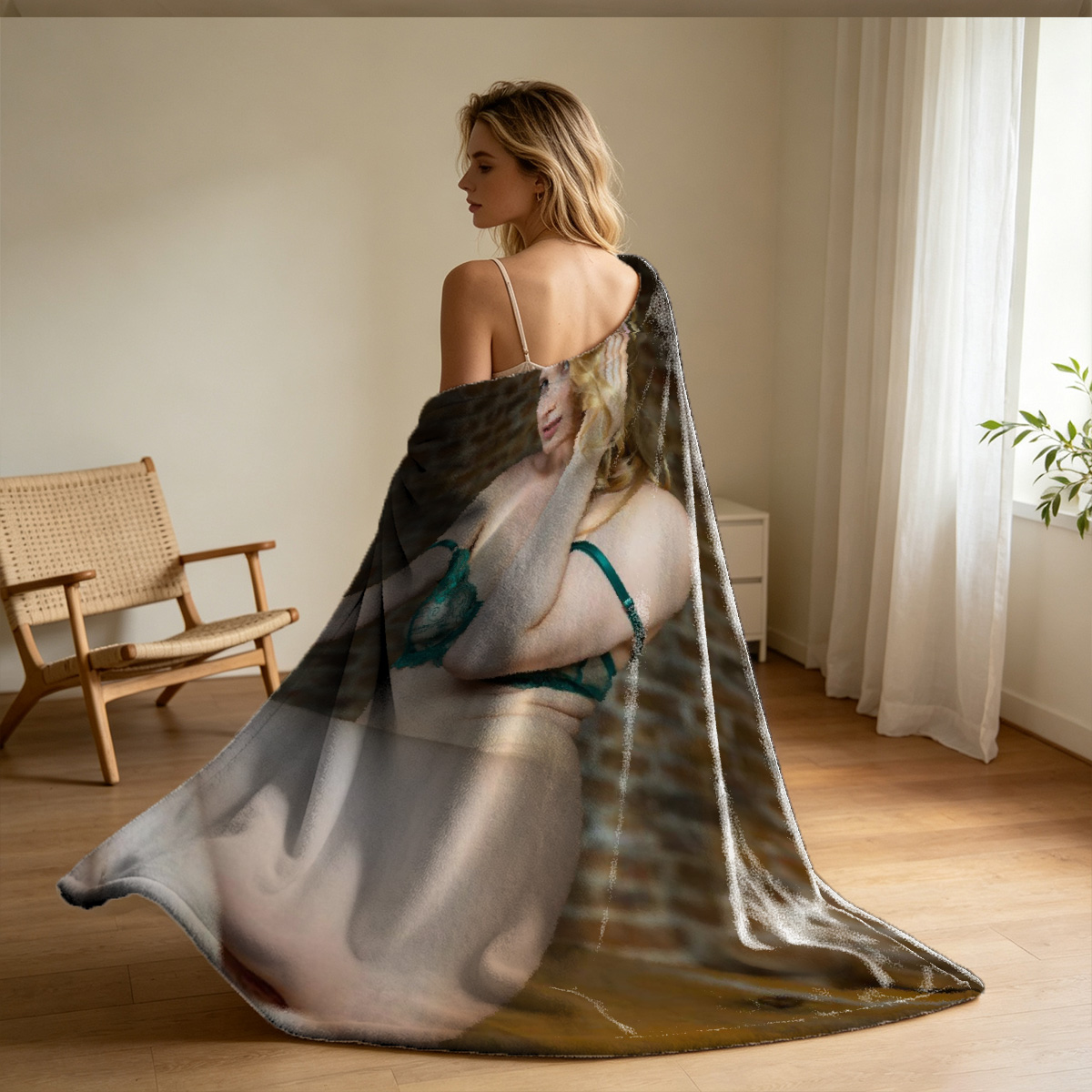 A woman in white lingerie and black stockings lies seductively on a bed with one leg raised. - Blanket