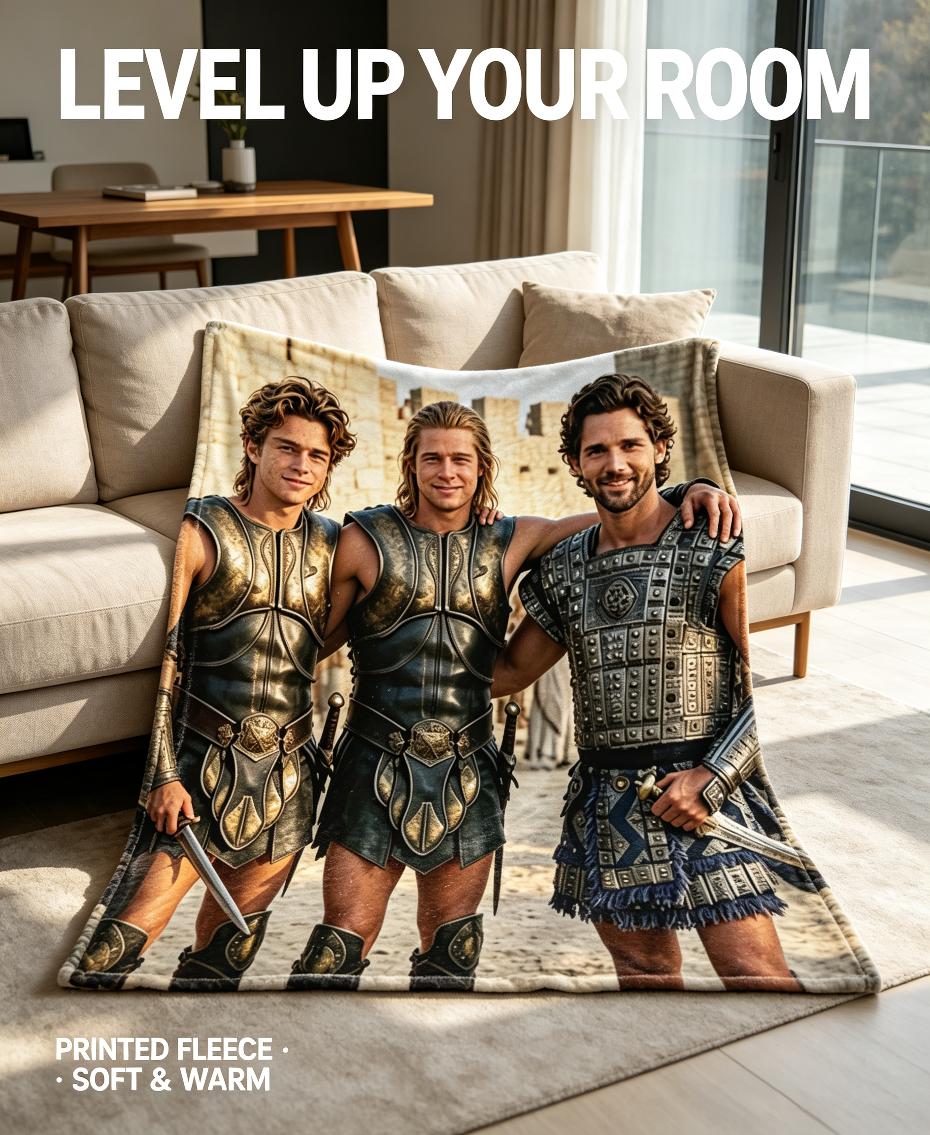 Custom Face Blanket Featuring Trojan Warriors from Historical Epic Film Flannel Blanket Perfect for Movie Fans and Ancient History Enthusiasts Ideal Gift or Giveaway for Birthdays and Holidays