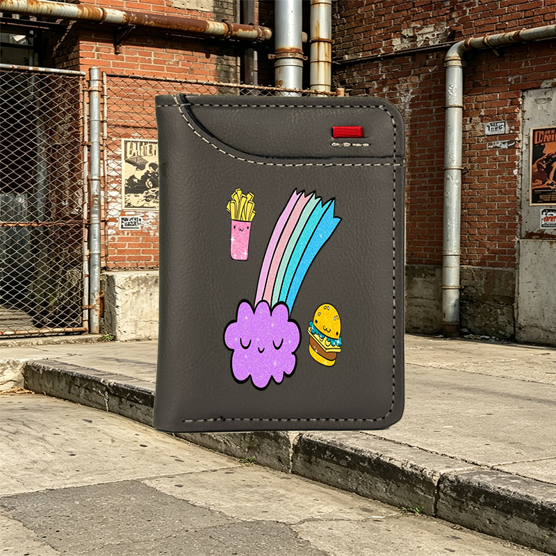Unisex Vertical Wallet with Cute Rainbow Cloud, Fries, and Burger Print – Stylish Everyday Wallet for Students, Teens, and Young Adults – Perfect for School, Work, and Casual Outings