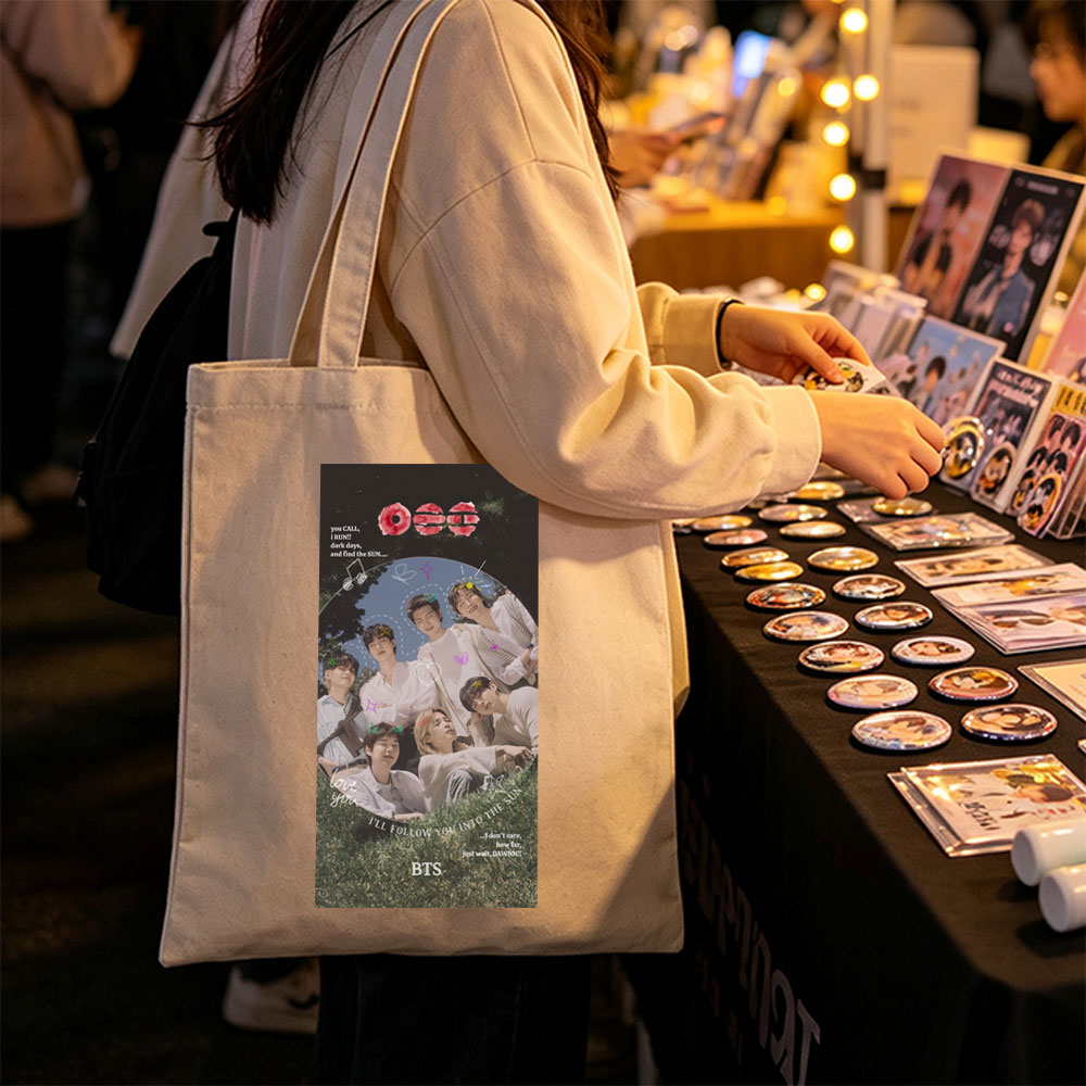 BTS Group Photo on Grass with Dreamy Sky Background and Inspirational Quotes - Canvas tote bags