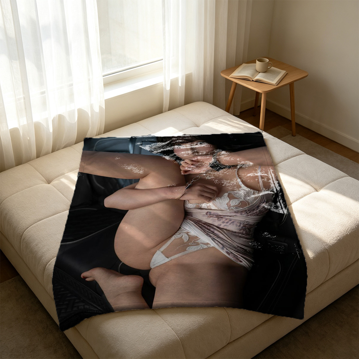 Nude Asian beauty in sheer thong posing seductively in bedroom - Blanket