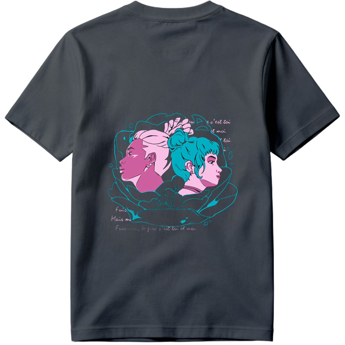 Two Women in Profile: A Stylized Artwork Featuring Pink and Teal Hair with French Text - Tee