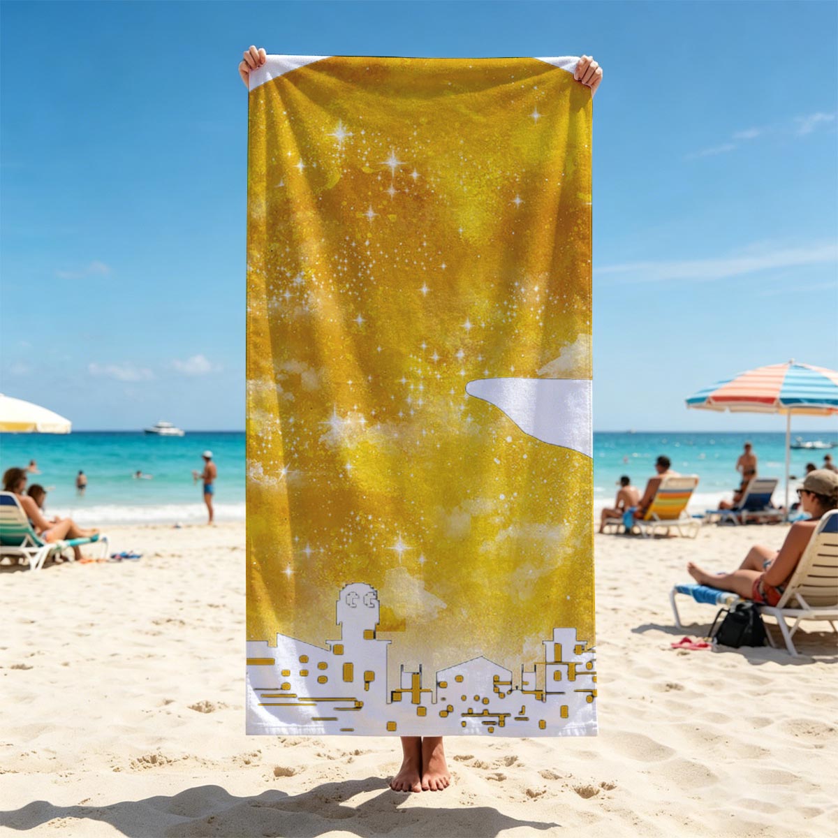 City Silhouettes Under a Golden Moon with Starry Sky - Beach towels