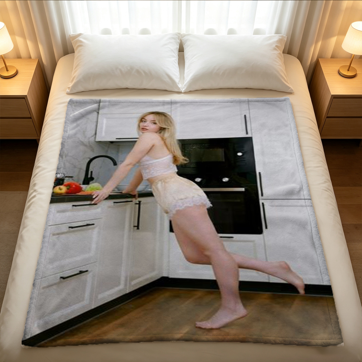 Nude Japanese model in gold bikini bottom sitting on stool with fur coat. - Blanket