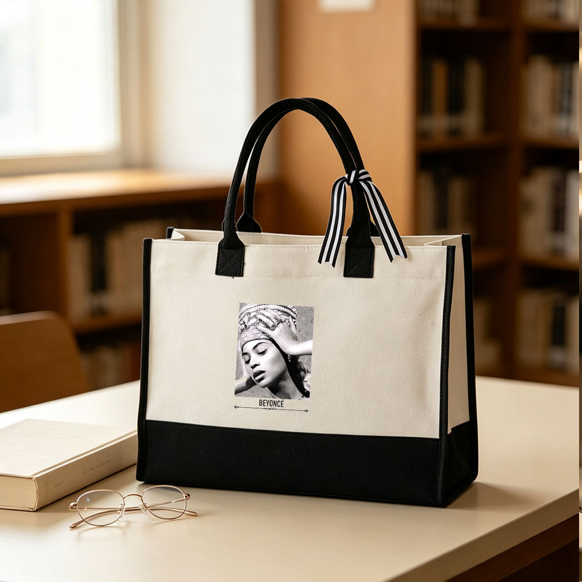 Beyoncé in a stylish headwrap, artistic black and white portrait - Canvas patchwork gift tote bag
