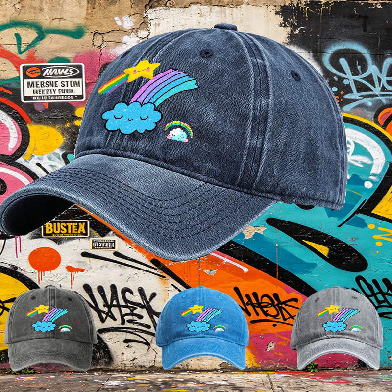 Unisex Classic Washed Cap with Rainbow Star Cloud Print | Casual Outdoor Hat for Youth and Adults | Perfect for Daily Wear, Travel, and Fun Activities