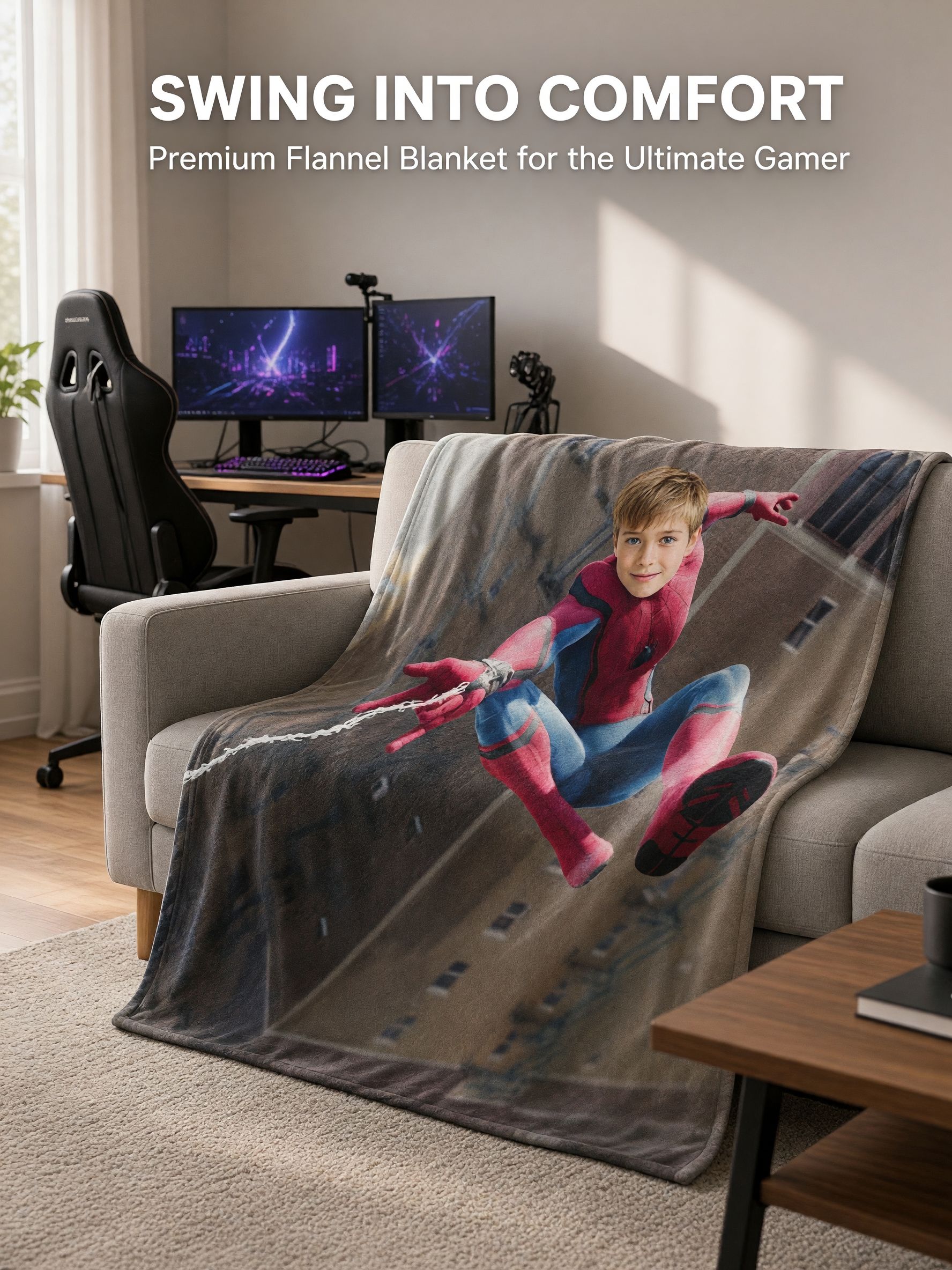 Custom Photo Face Superhero Flannel Throw Blanket Personalized Fleece Bedding Wrap for Couch Sofa Ideal Keepsake