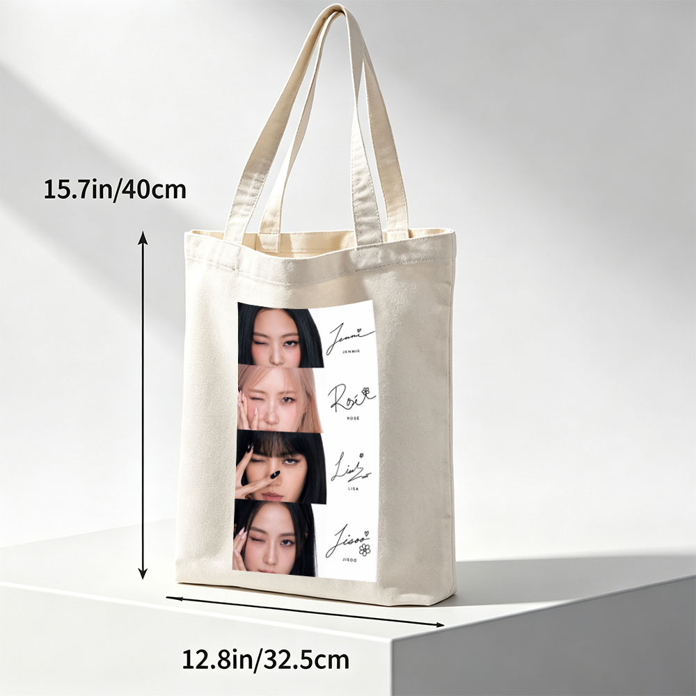 BLACKPINK Members Close-Up Portraits with Signature Names and Emojis - Canvas tote bags