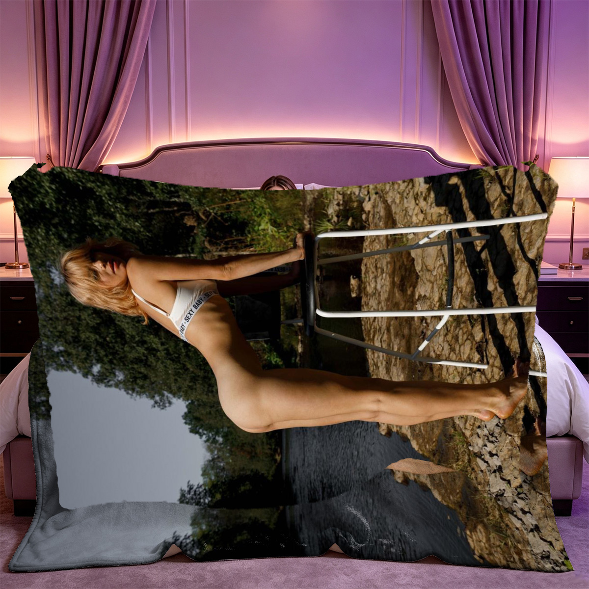 Nude redhead posing in bedroom, back view with hands in hair - Blanket