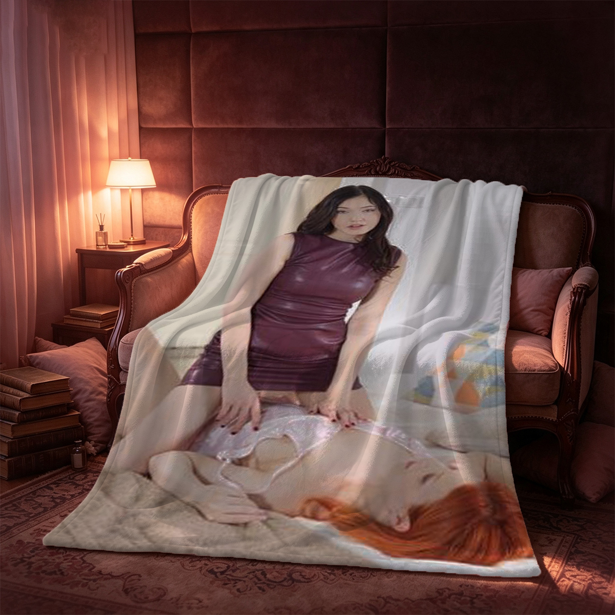 Japanese Model in White Bikini Playing with Foam on Balcony - Blanket