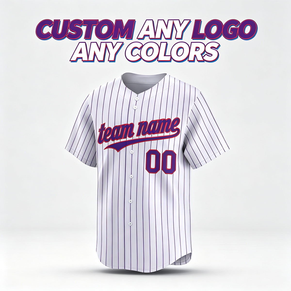 Custom Printed Colorado Mountain Style Baseball Jersey White Purple Pinstripe Button Down Shirt for Men and Women
