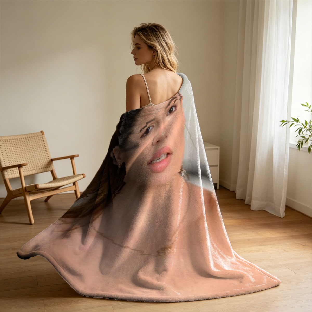 A woman in black lingerie and stockings kneeling on a white sofa. - Blanket