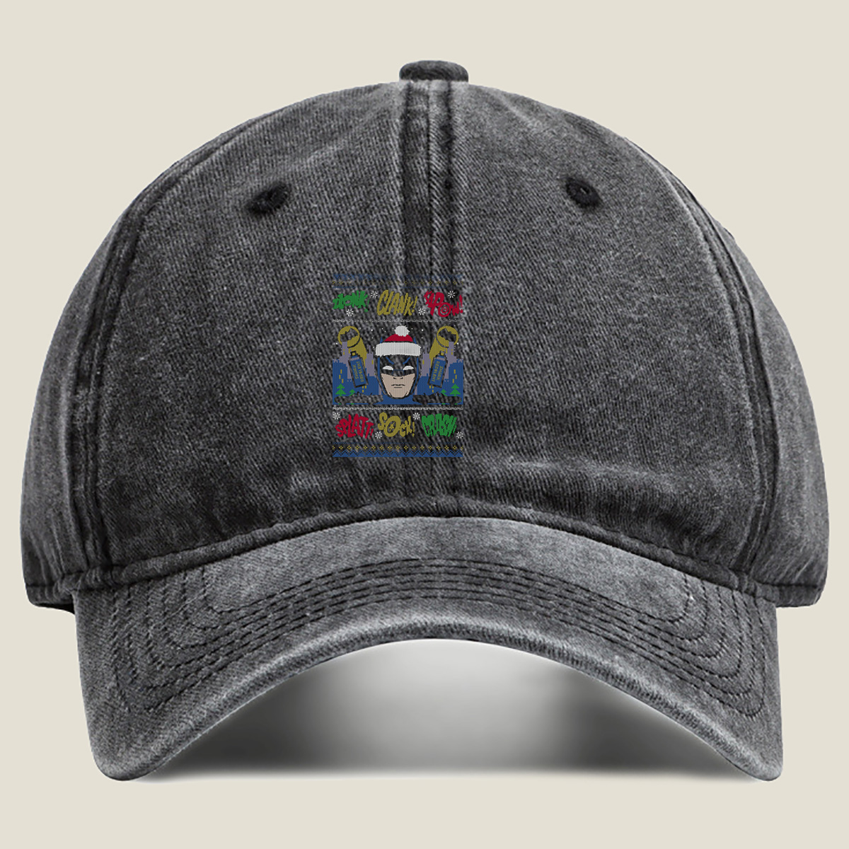 Batman Christmas Sweater with Comic Sound Effects - Washed Denim - Baseball Cap