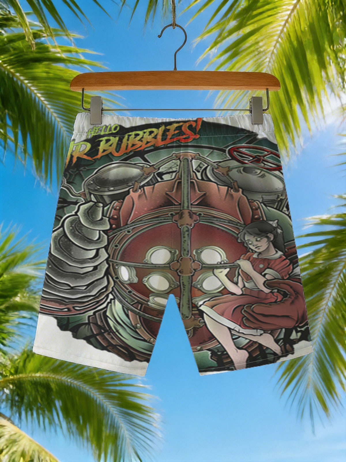 Hello Mr. Bubbles: Steampunk Mechanic and Girl in Red Dress -  Beach shorts