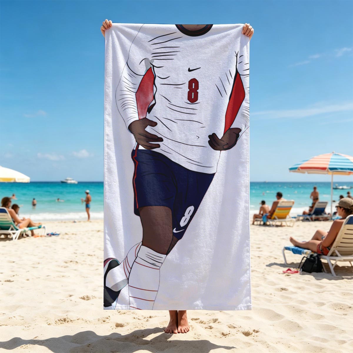 Soccer Player in White Jersey with Number 8 on Red Background - Beach towels