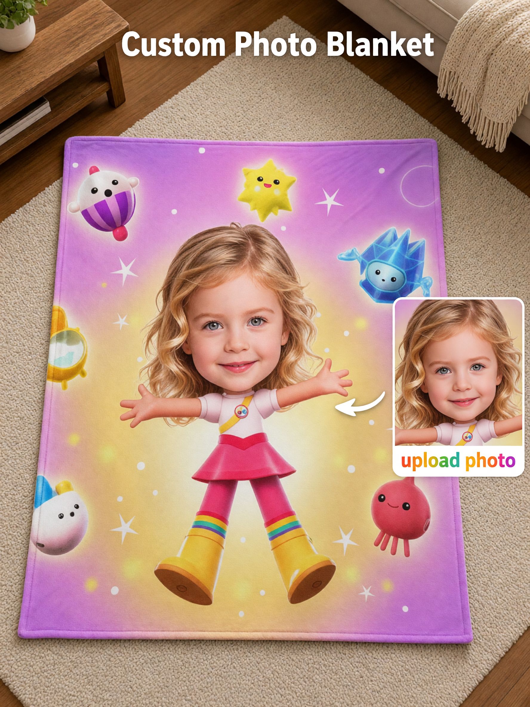 Personalized Face Photo Blanket Ultra Soft Flannel Cartoon Throw Ideal Personalized Gift for Girls Kids and Family