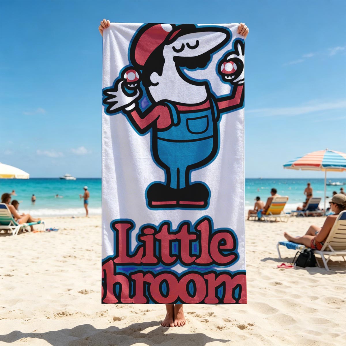 Little Shrooms: Mario-Inspired Mushroom Character with Red Caps and Blue Overalls - Beach towels