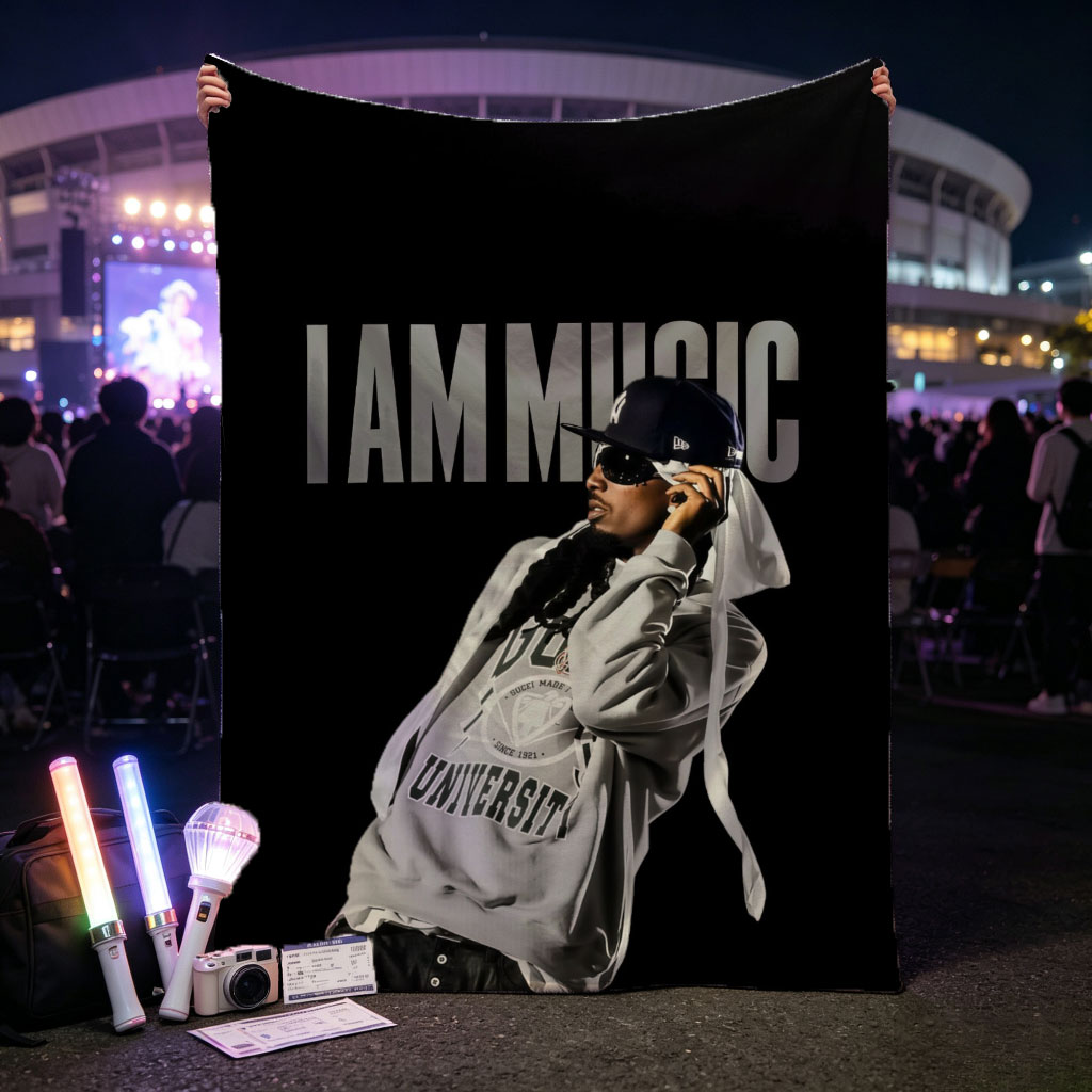 IamMusic Artist in Stylish Pose Wearing Hoodie and Cap Against Dark Background - Blankets