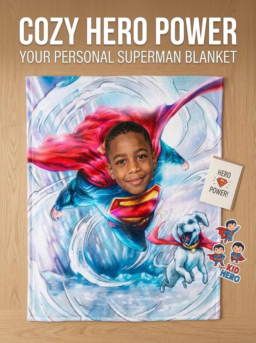 Personalized Face Photo Superhero Blanket Ultra Soft Flannel Throw for Kids Adults Custom Hero Fleece Bed Couch Gift