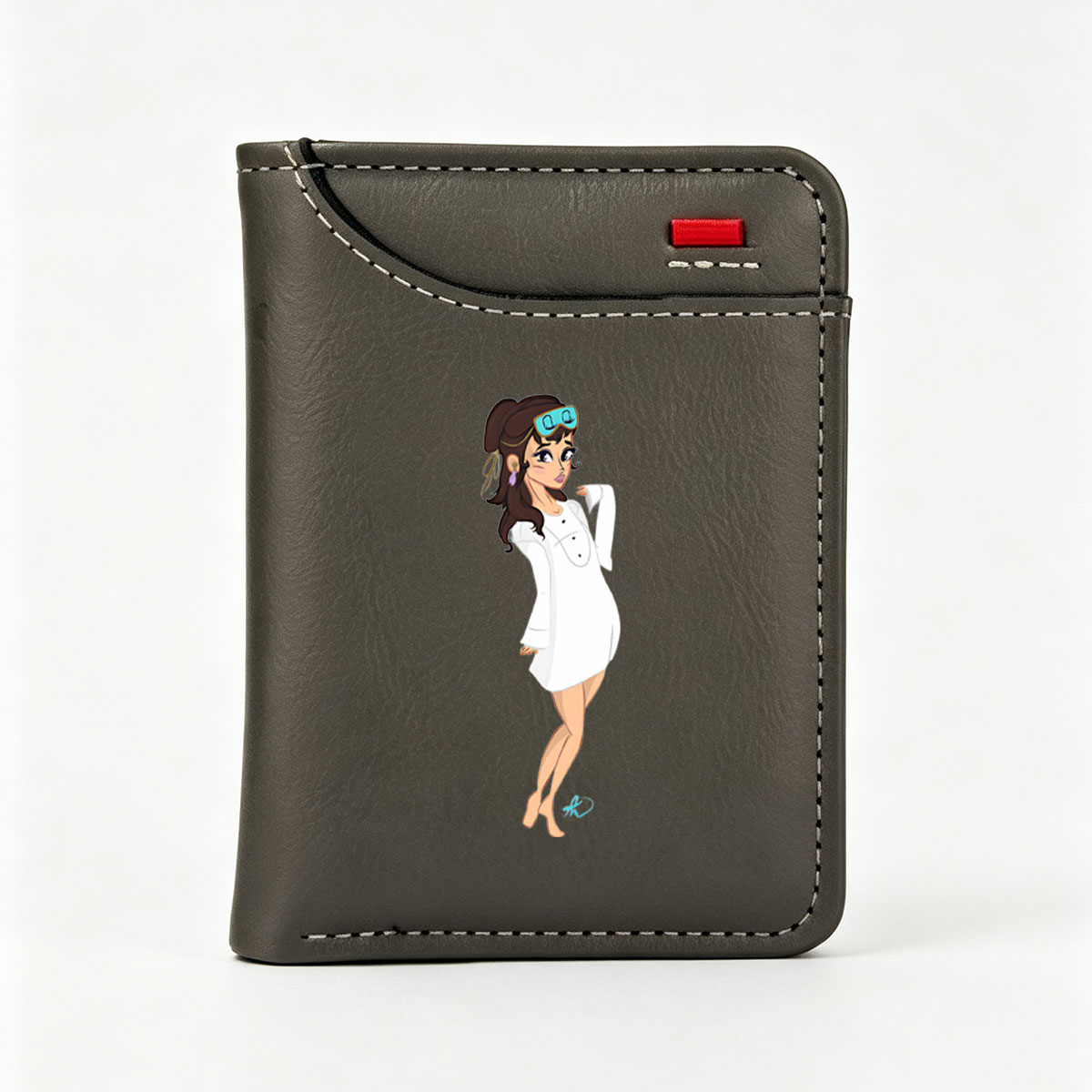 Cartoon Woman in White Dress with Goggles and Purple Earrings - Vertical Style Wallet