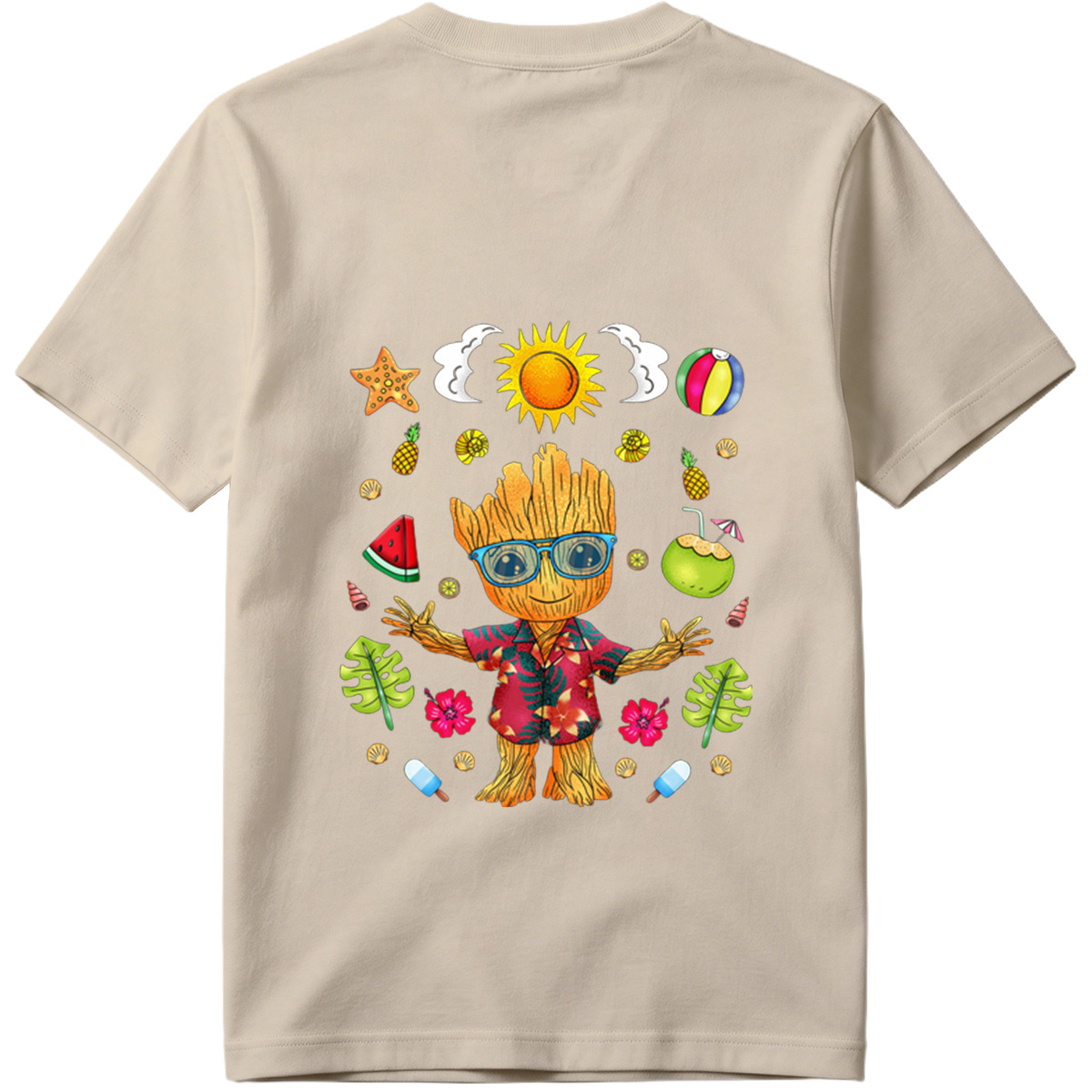 Groot in Hawaiian Shirt with Summer Elements - Tee