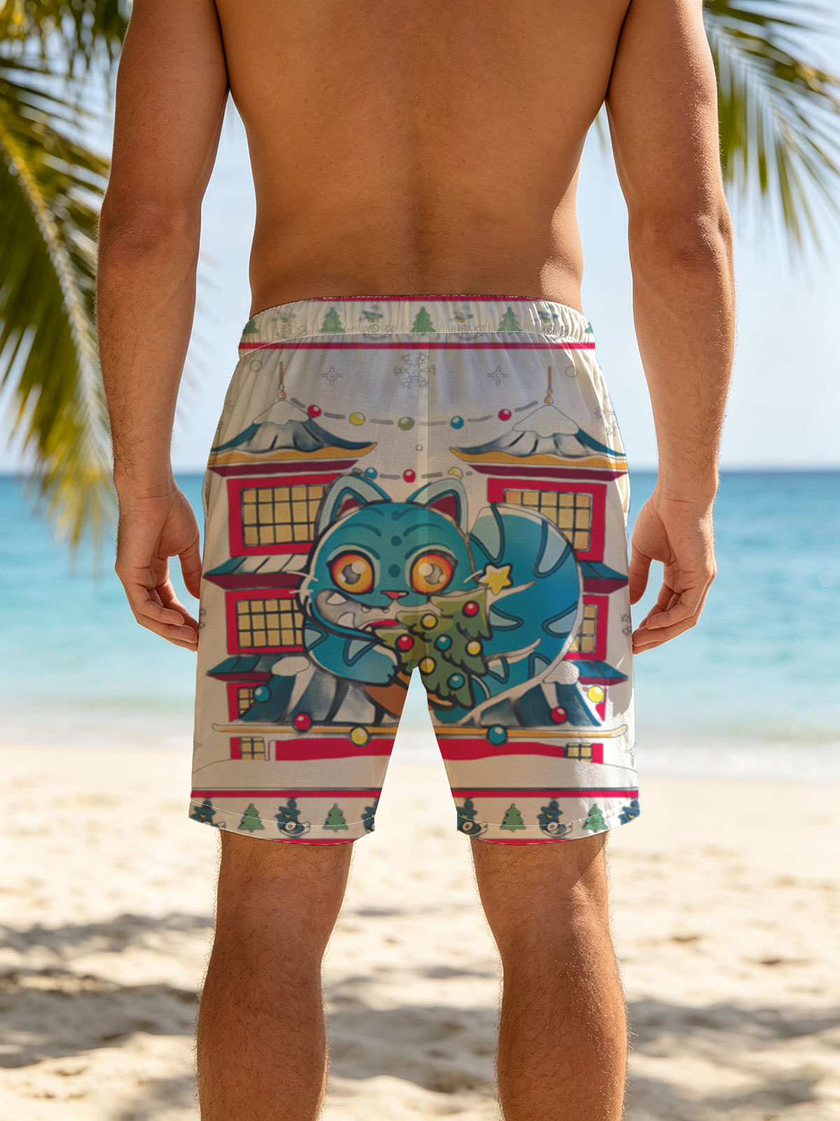 Blue Cat with Christmas Tree in Front of Pagoda House -  Beach shorts