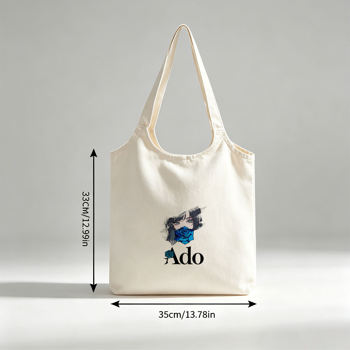 Ado in a Dramatic Portrait with Blue Rose Covering Her Mouth - Canvas shoulder bags/