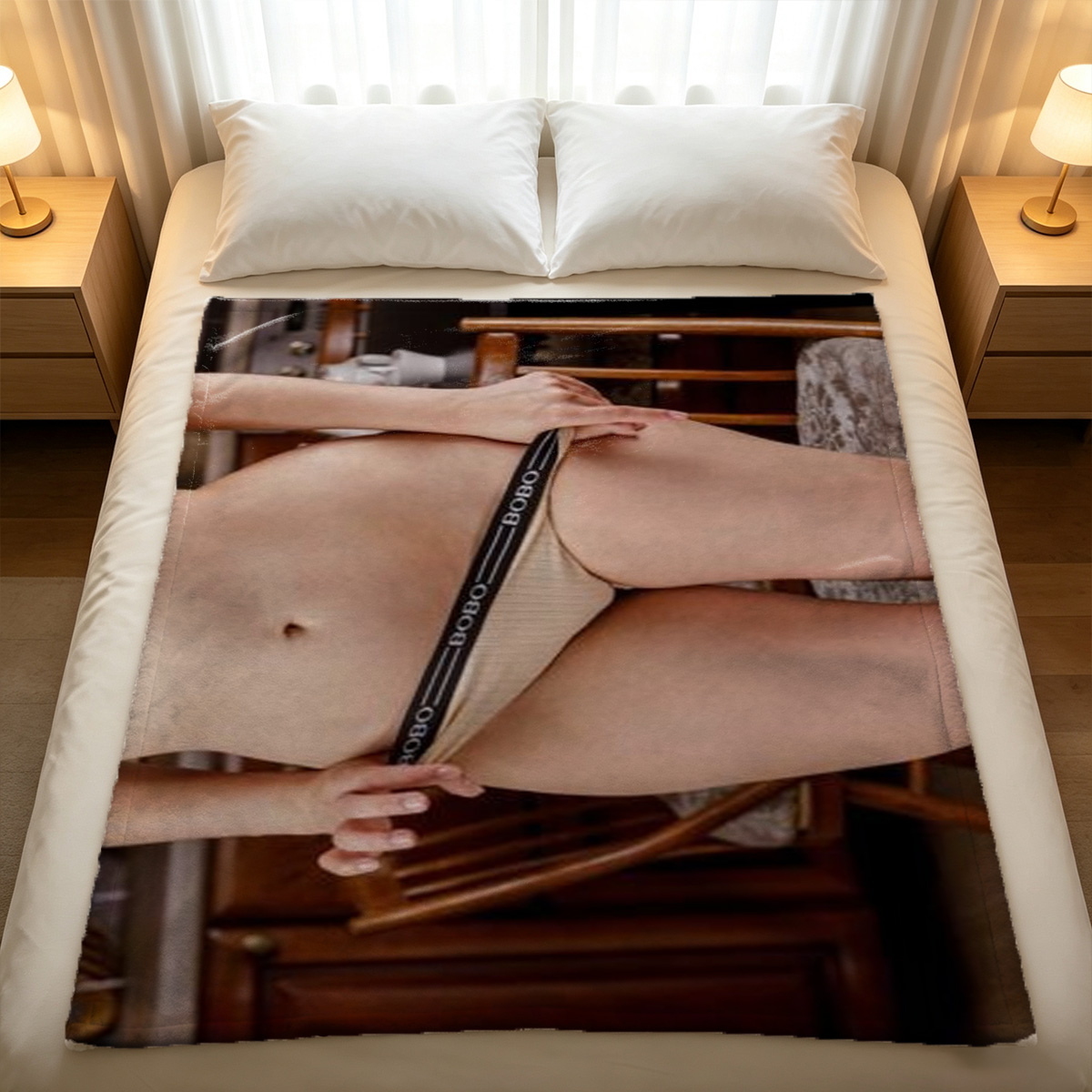 Happy Woman in Red Lingerie Holding a Gift Box on Bed - Blanket