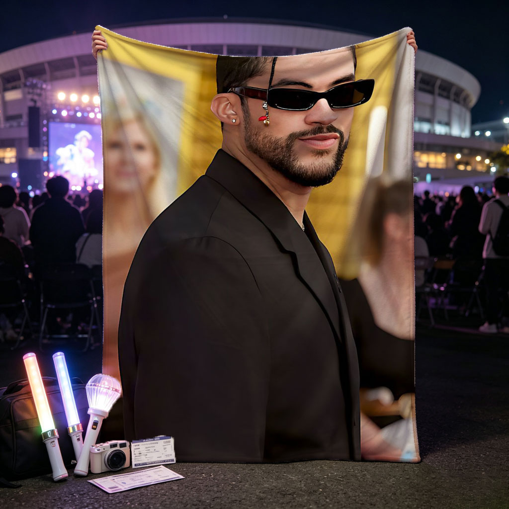 Bad Bunny at the Red Carpet Event Wearing a Black Suit and Sunglasses - Blankets