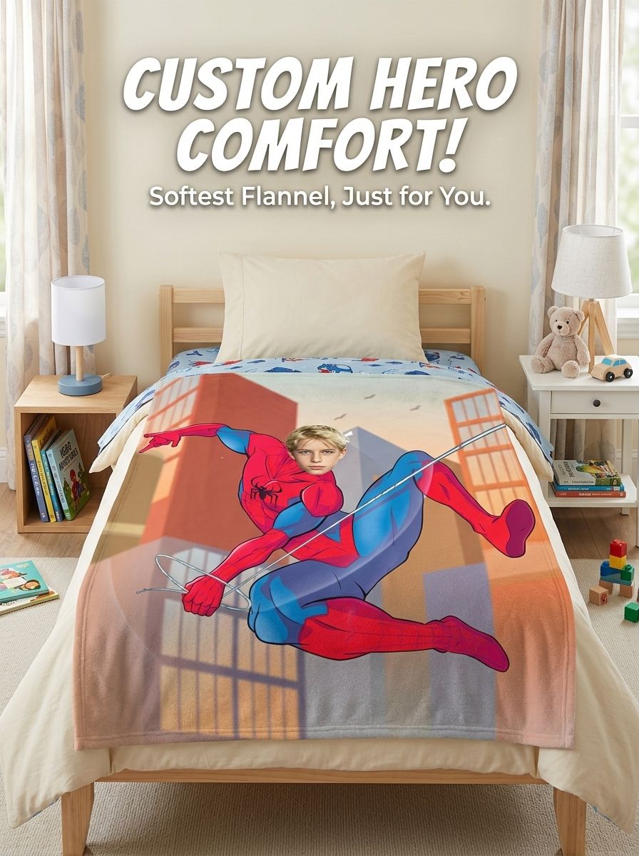 Custom Superhero Face Photo Blanket Soft Flannel Fleece Throw Lightweight Bedding Personalized Gift for Kids Adults