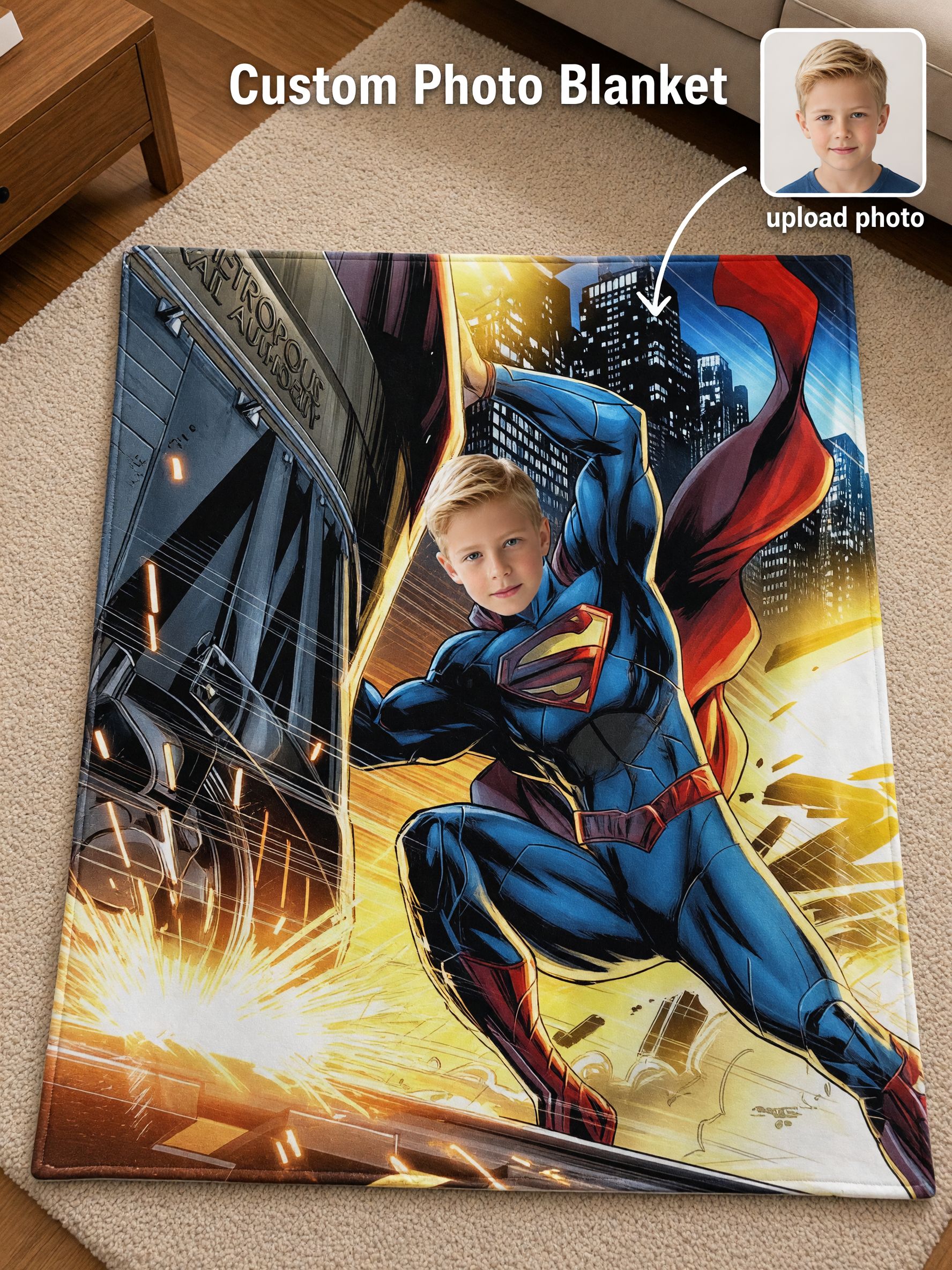 Custom Superhero Face Blanket Personalized Photo Flannel Throw Soft Anti-Pilling Fleece Bed Blanket for Kids