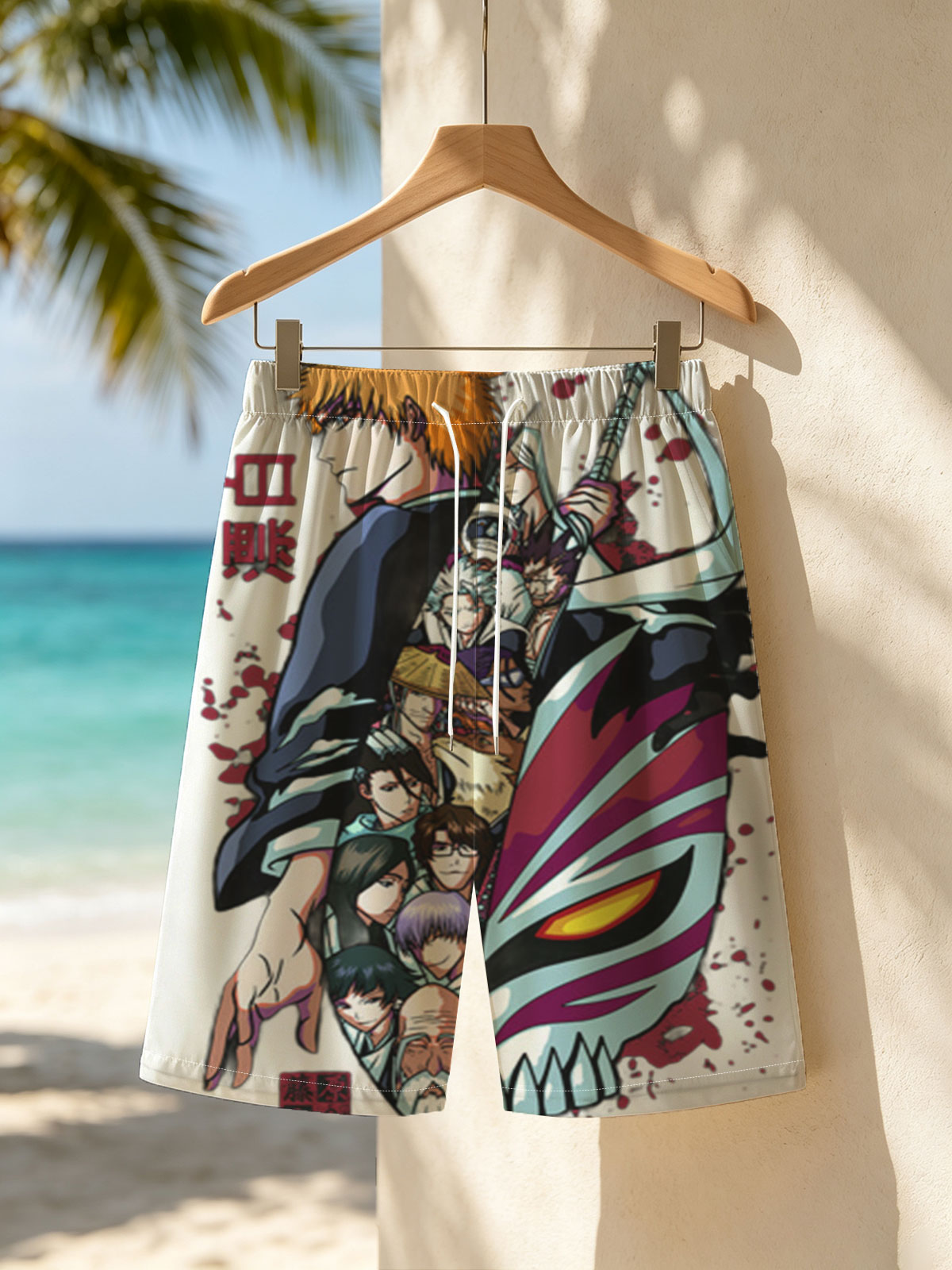 Bleach Characters: Ichigo Kurosaki, Rukia Kuchiki, Renji Abarai, and Others in Action Pose with Zanpakuto and Hollow Mask -  Beach shorts