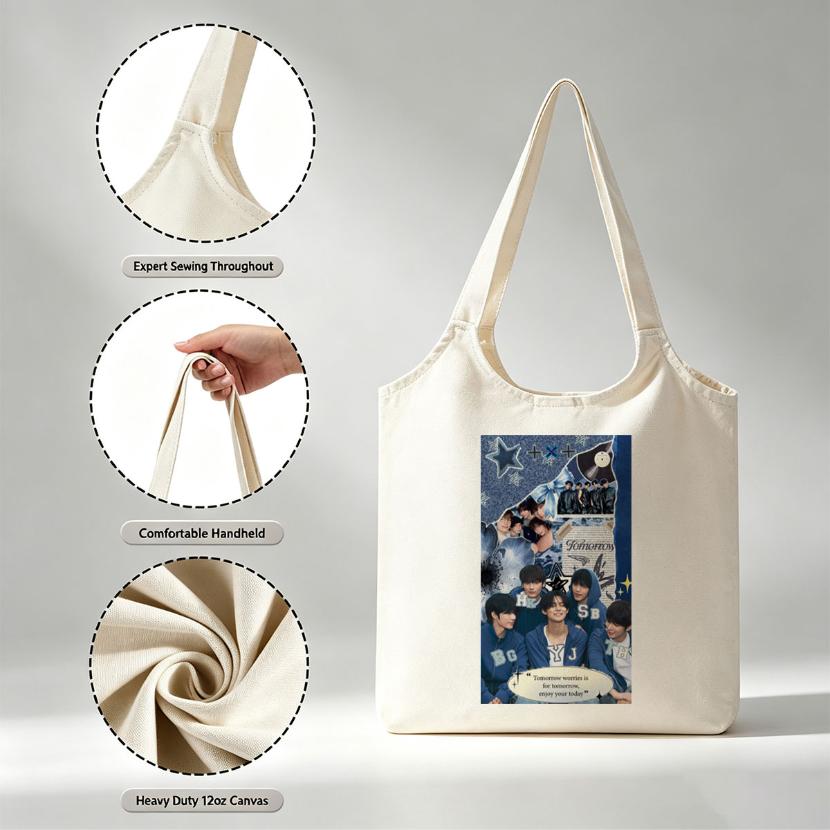 Tomorrow X Together Group Photo Collage with Blue Theme and Inspirational Quote - Canvas shoulder bags/