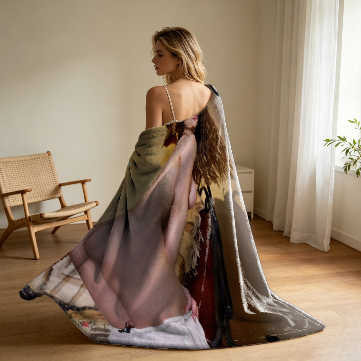 Nude Back View of a Blonde Woman in White Thigh-High Stockings Standing in a Luxurious Room - Blanket