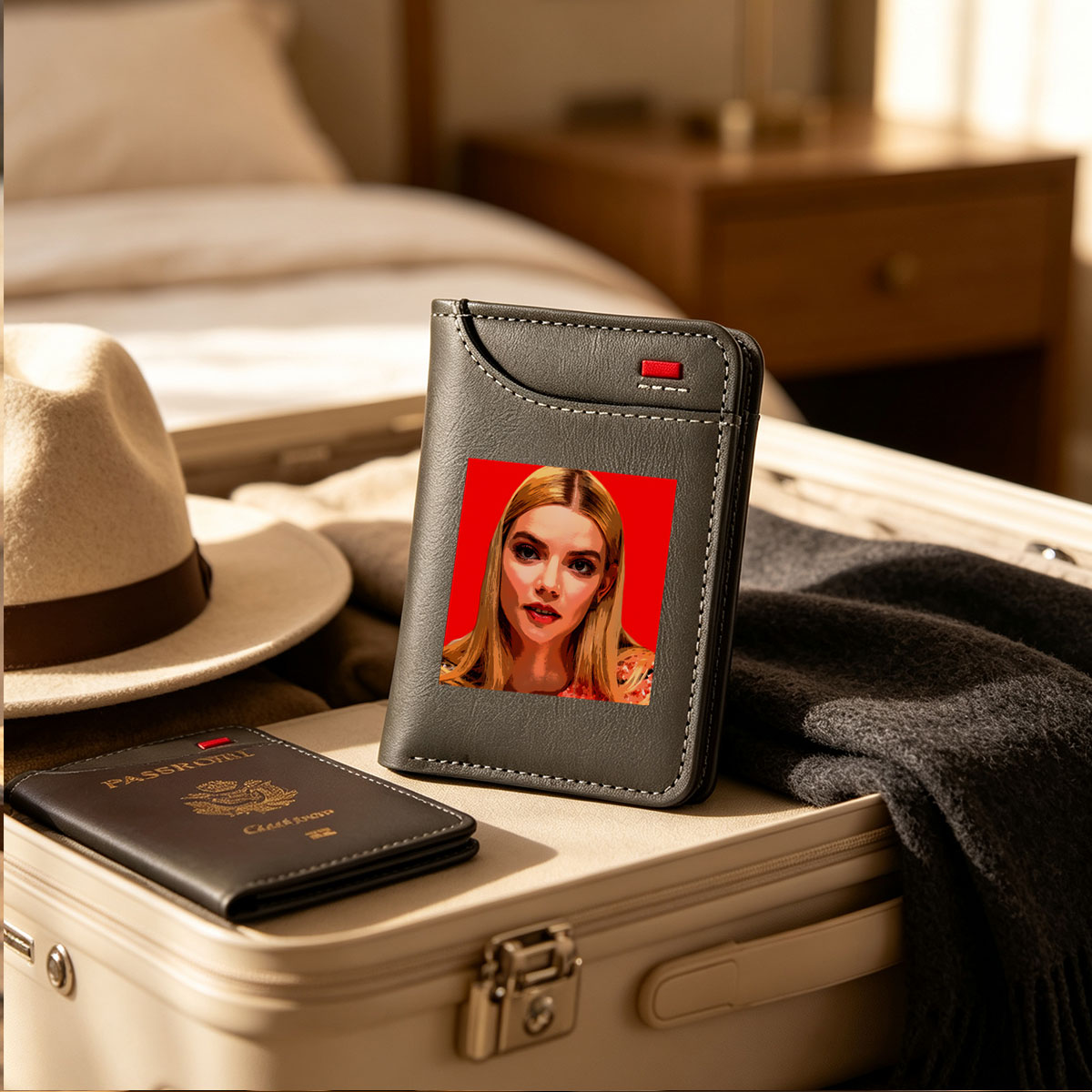 Anya Taylor-Joy in a stylized portrait with bold red background - Vertical Style Wallet