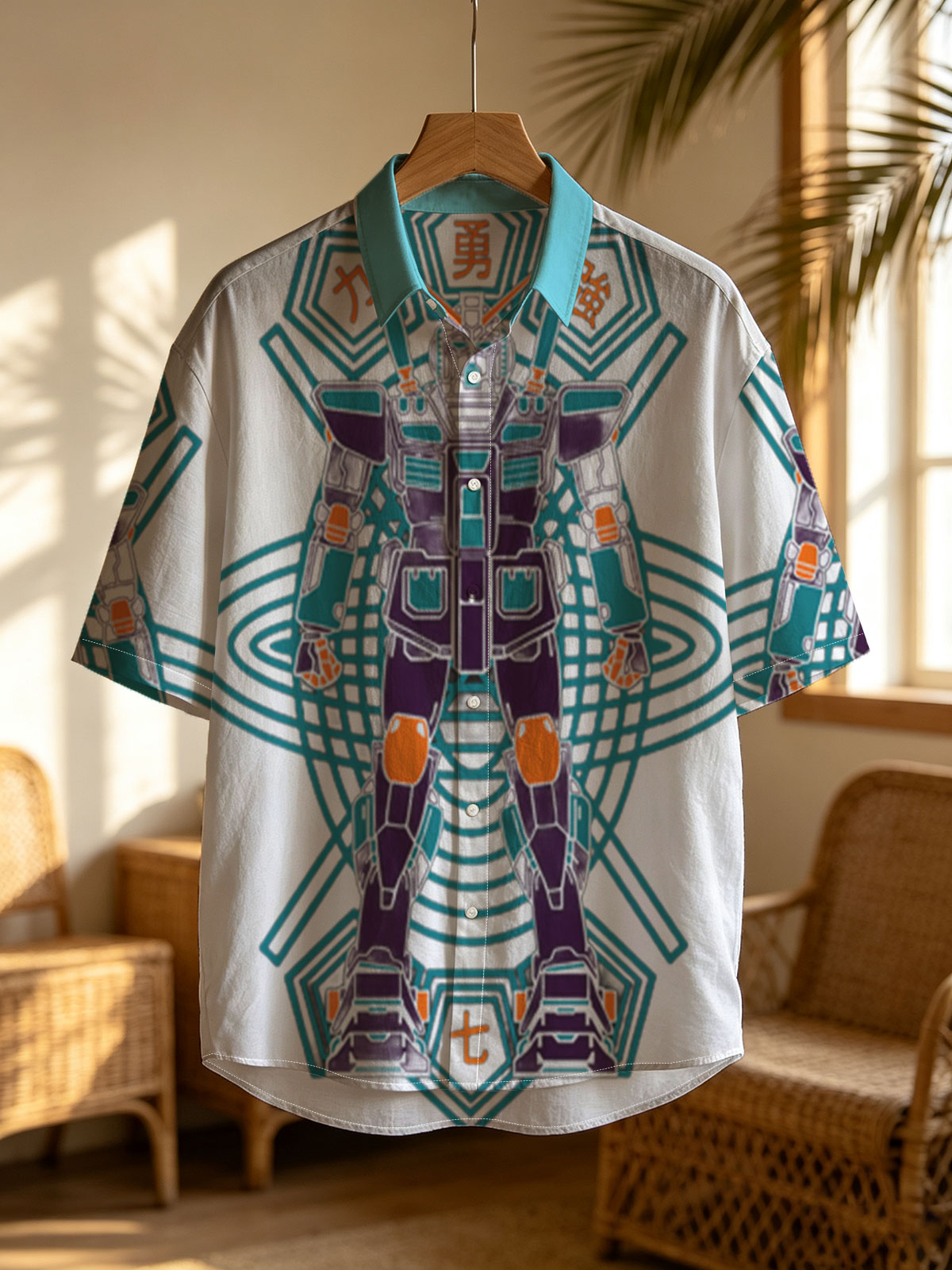 Gundam Warrior Robot with Chinese Characters and Geometric Design -  Shirt